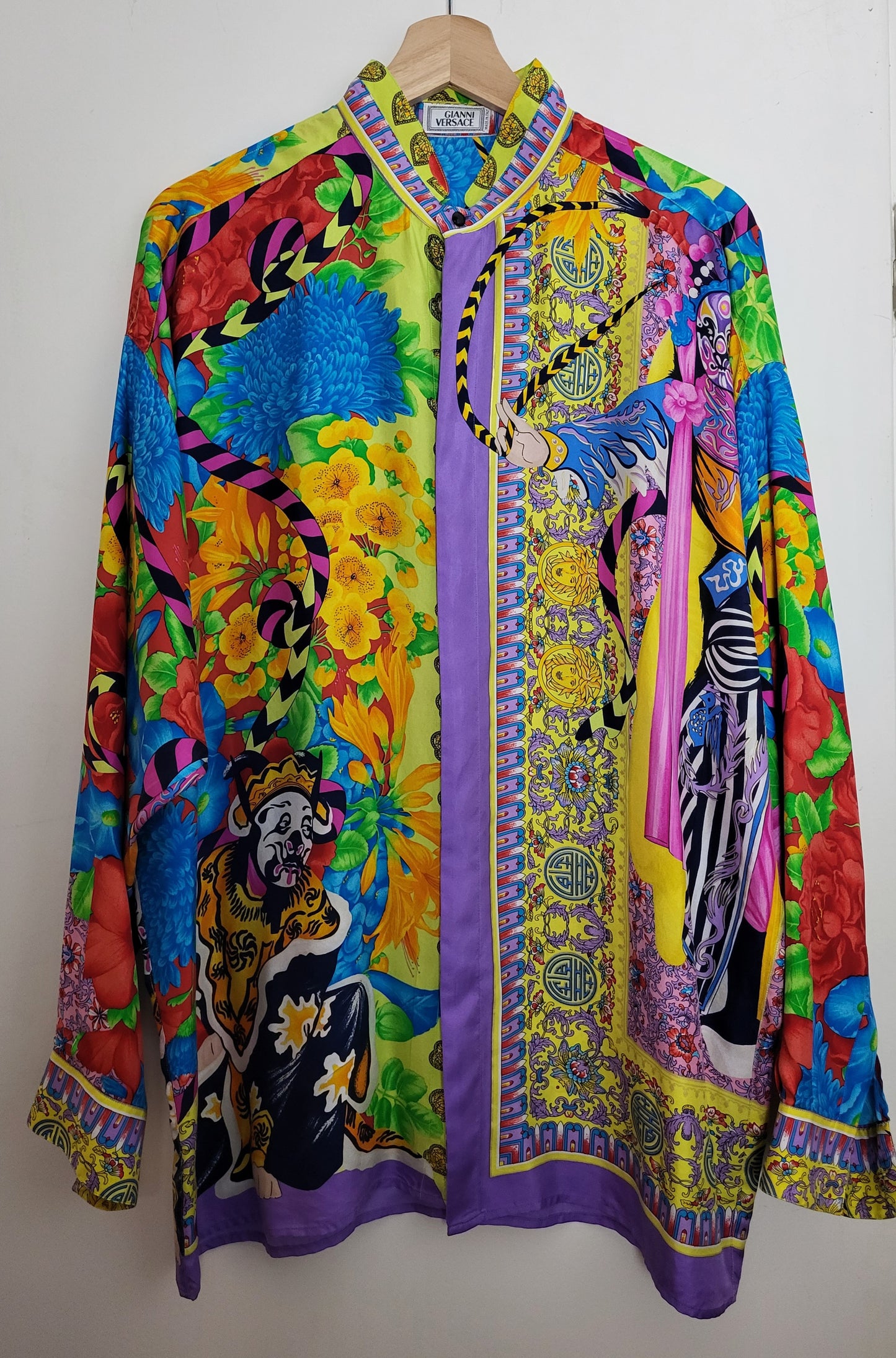 Original/Auth GIANNI VERSACE Atelier- Seidenhemd - Bunt floraler Musterung und Harlekins - Gr. 48