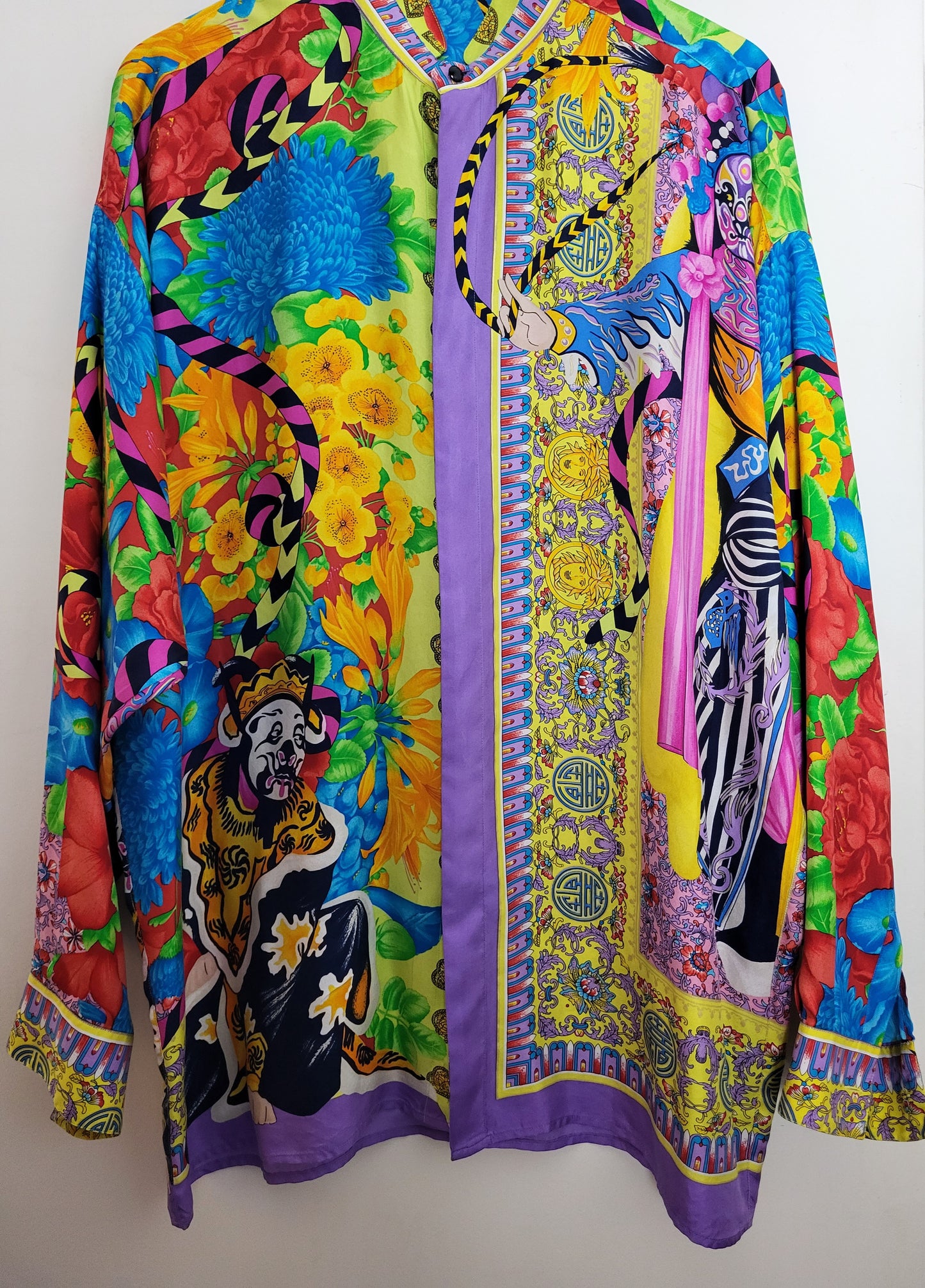 Original/Auth GIANNI VERSACE Atelier- Seidenhemd - Bunt floraler Musterung und Harlekins - Gr. 48