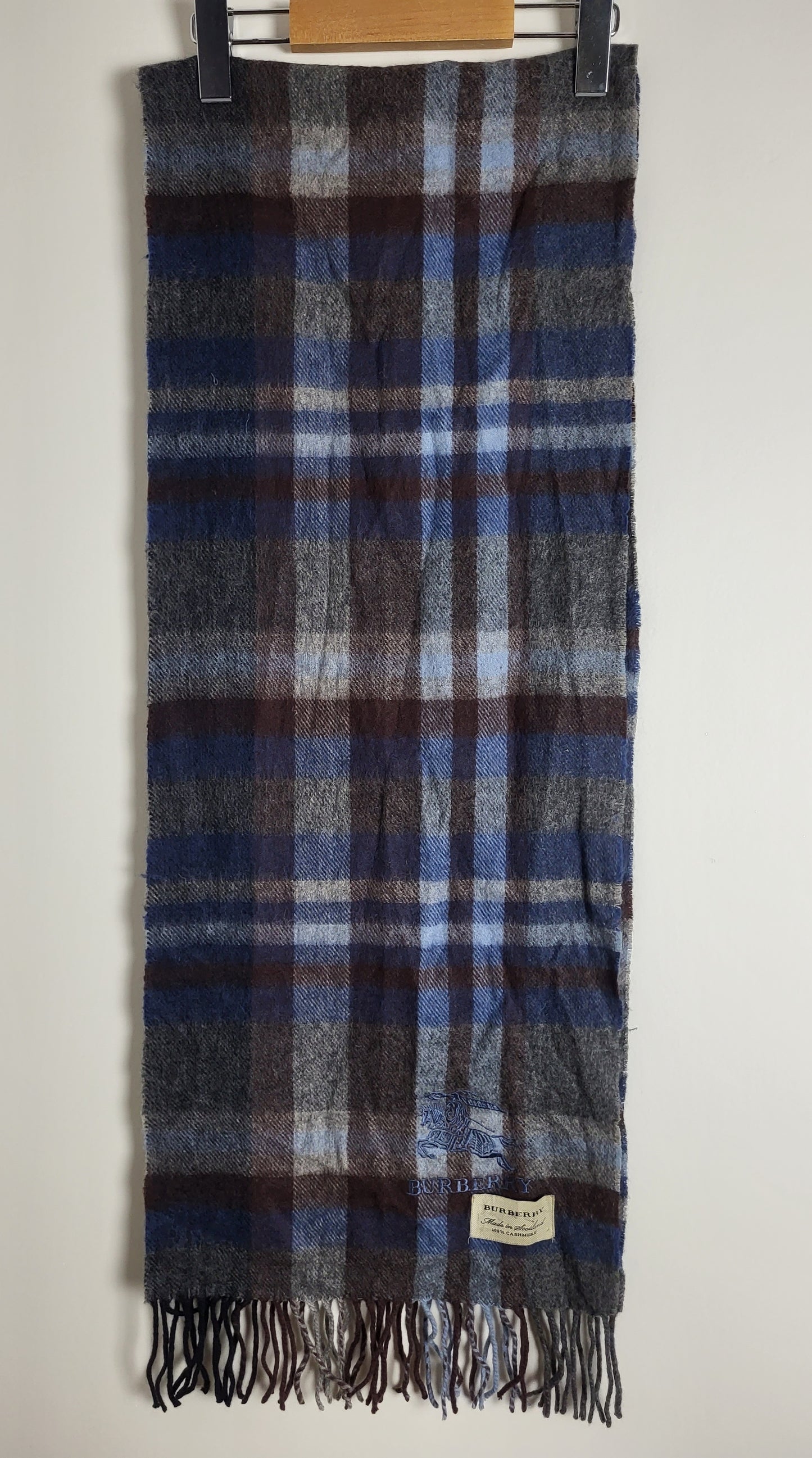 Burberry - Vintage Schal - Blau / Grau Tartan - Kaschmir - 160 x 30