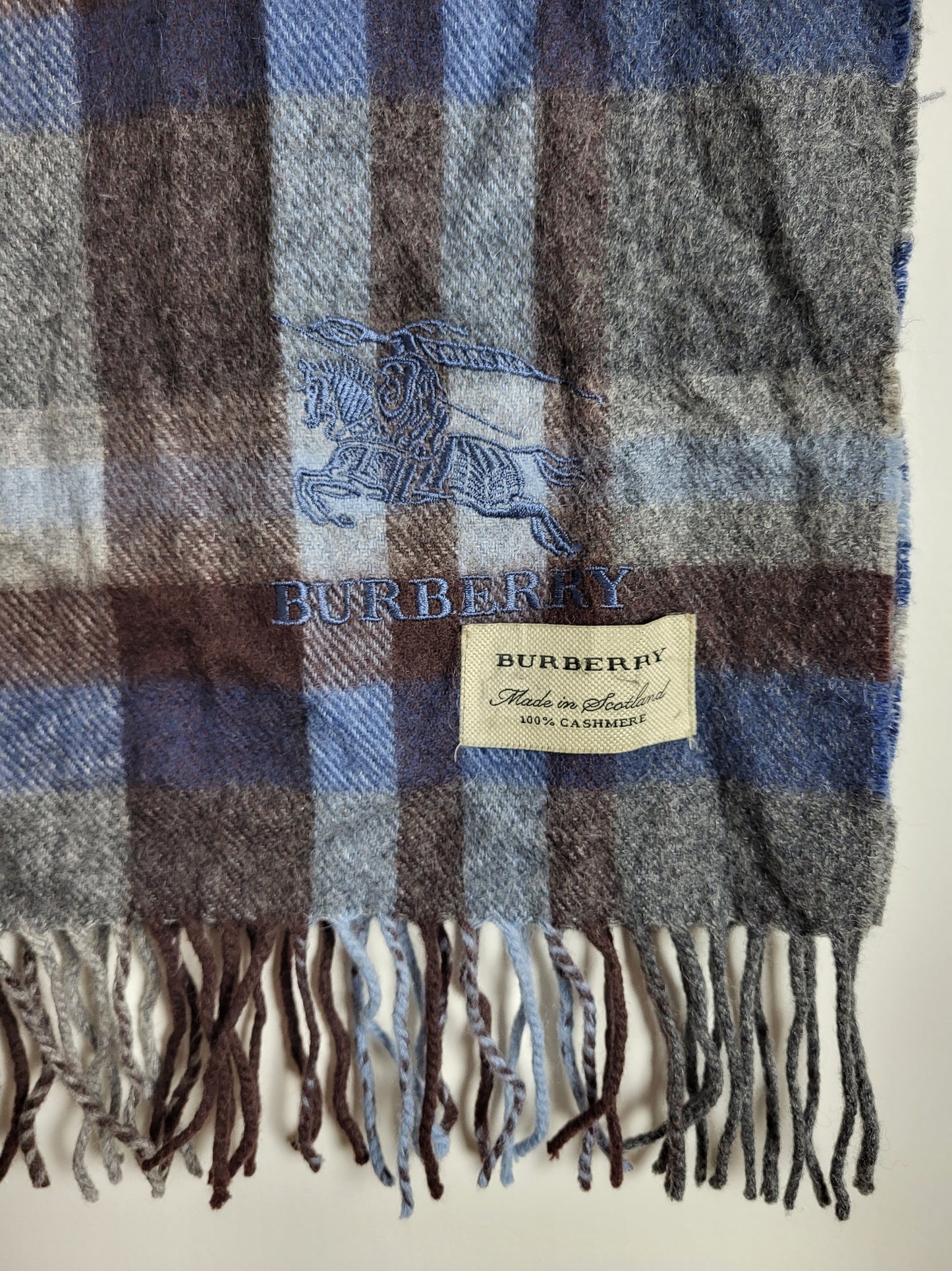 Burberry - Vintage Schal - Blau / Grau Tartan - Kaschmir - 160 x 30