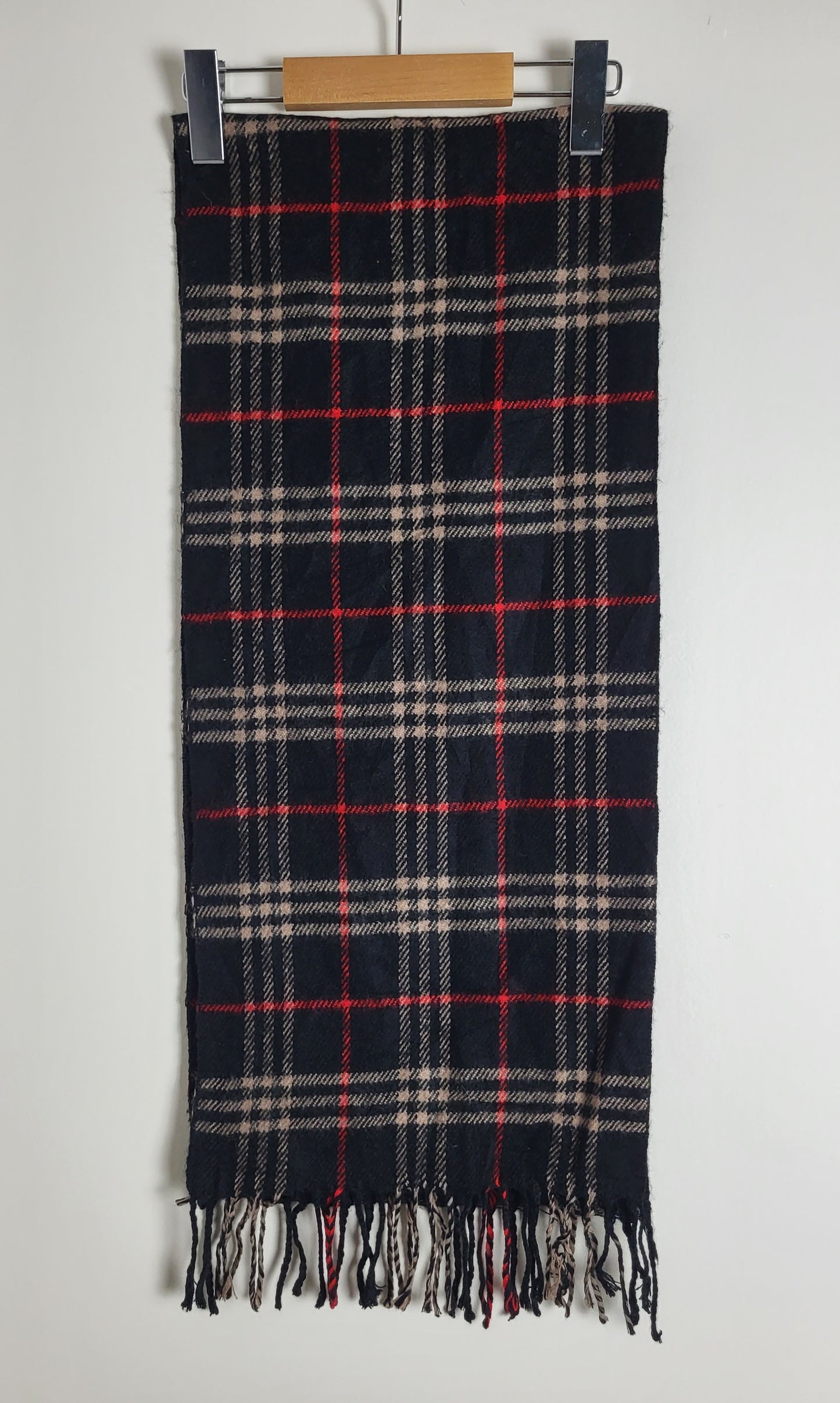 Burberry London - Vintage Schal - Schwarz / Rot Tartan - Kaschmir - 135 x 30