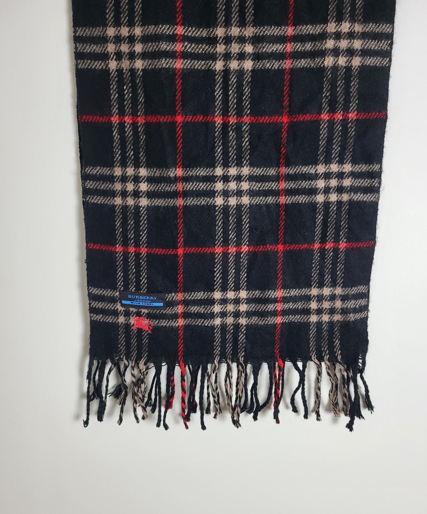 Burberry London - Vintage Schal - Schwarz / Rot Tartan - Kaschmir - 135 x 30