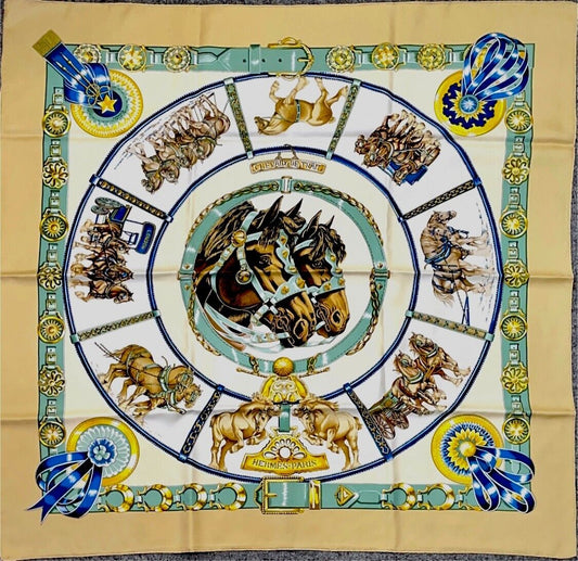 Original/Auth Hermès - Vintage Seidentuch KARE - 90 x 90 - CHEVAUX DE TRAIT