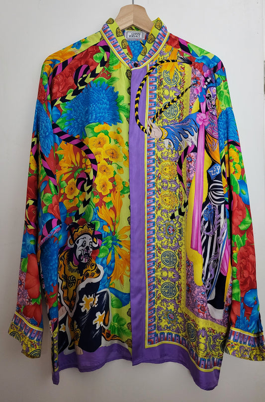 Original/Auth GIANNI VERSACE Atelier- Seidenhemd - Bunt floraler Musterung und Harlekins - Gr. 48
