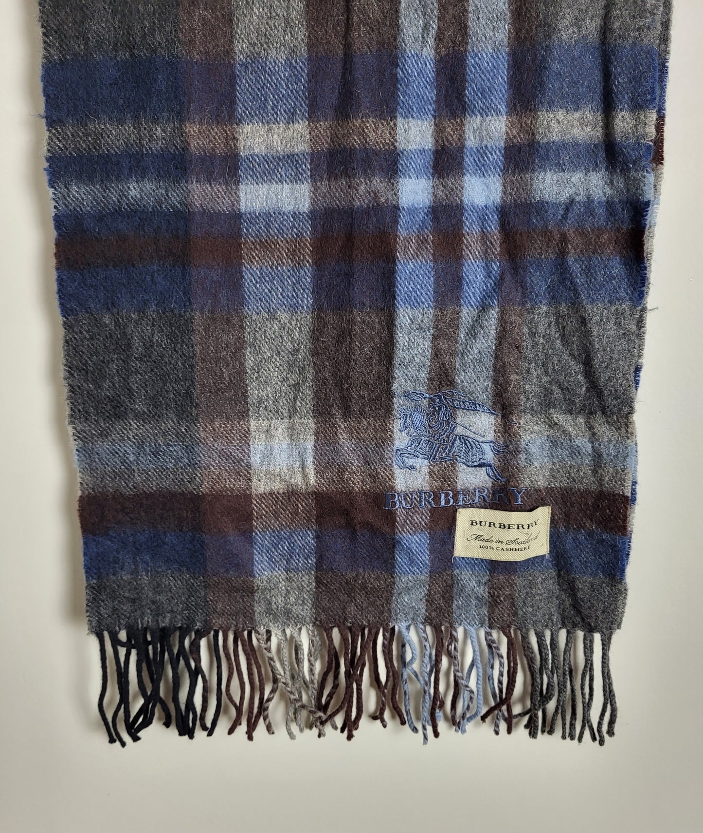 Burberry - Vintage Schal - Blau / Grau Tartan - Kaschmir - 160 x 30