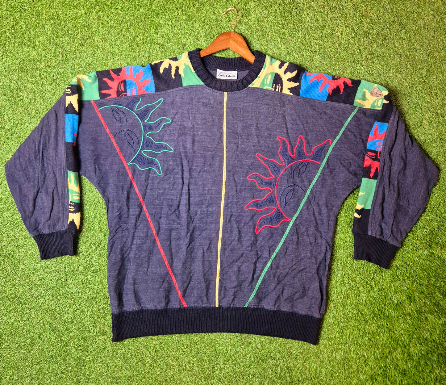 Original/Auth Carlo Colucci - Vintage Pullover - Bunt mit Sonnen Muster - L/XL (56)