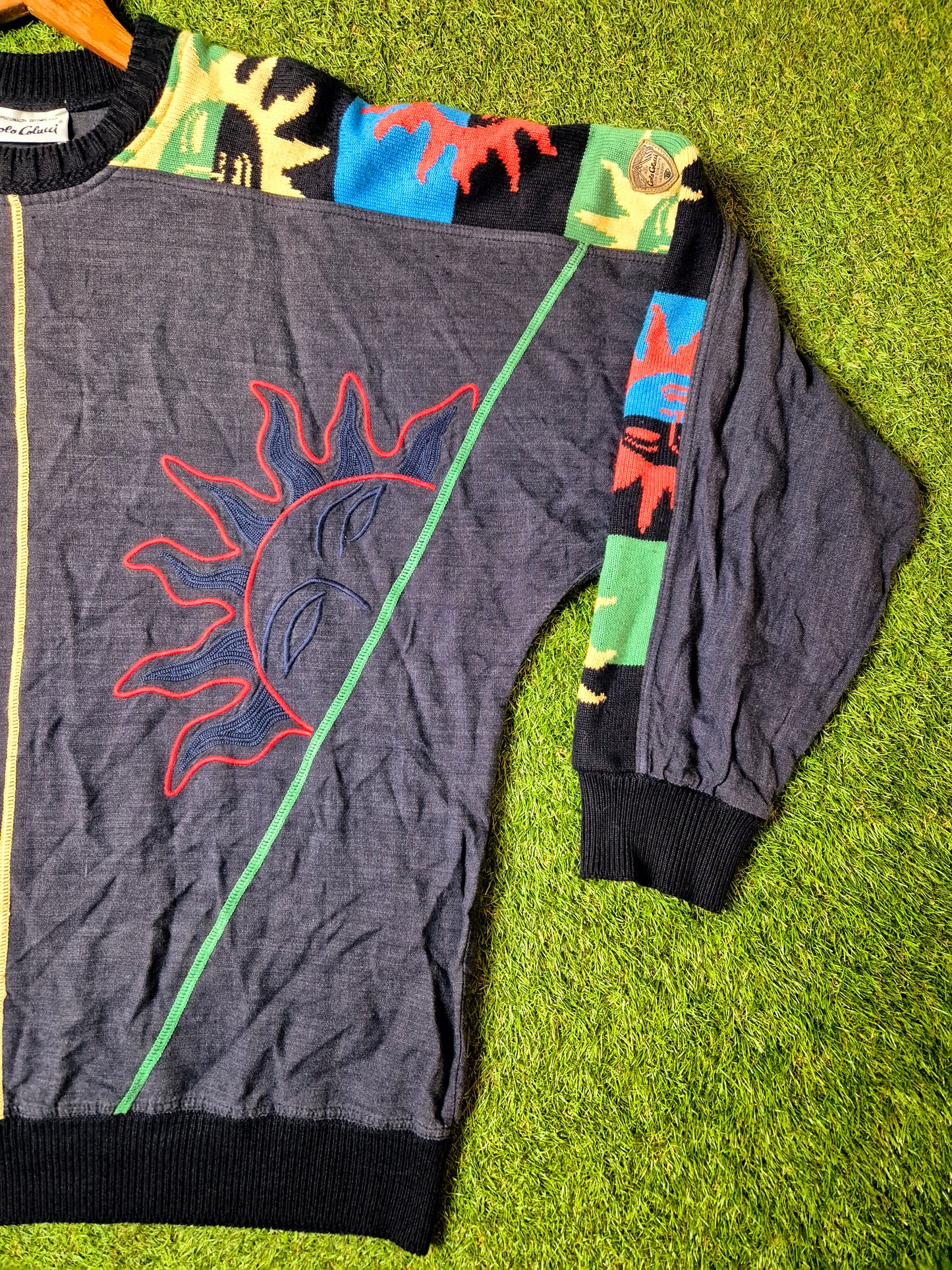 Original/Auth Carlo Colucci - Vintage Pullover - Bunt mit Sonnen Muster - L/XL (56)