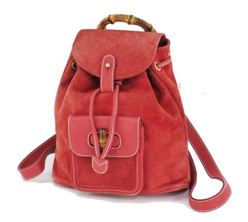 Original/Auth Gucci - Mini-Rucksack - Klassisch - Wildleder / Bambus - Rot